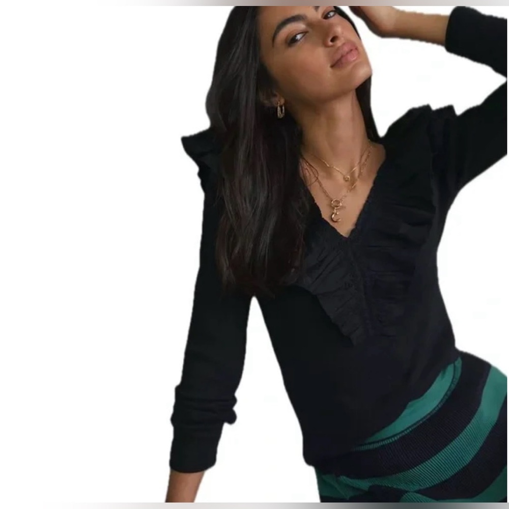 Anthropologie Black Ruffled V-Neck Long Sleeve Top